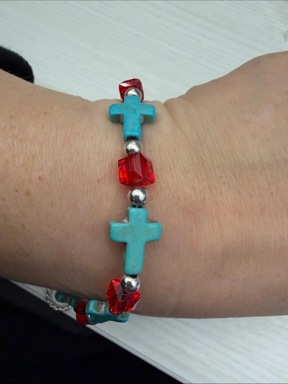 Sterling silver Turquoise Cross Bracelet with Red Crystal Accents